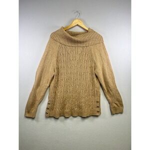 Talbots Women XL Tan Cable Knit Cowl Neck Sweater Button Detail 100% Cotton‎